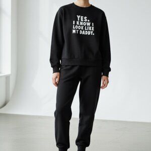 Kids Black Sweatsuit With Applique-Pants (H&M) Size 6X-Top (Shein) Size 4